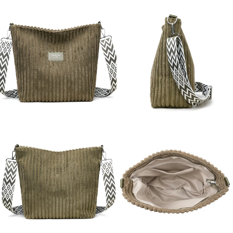 Women’s Corduroy Shoulder Bag – Boho Wide Strap Crossbody Tote for Travel & Daily Use-4