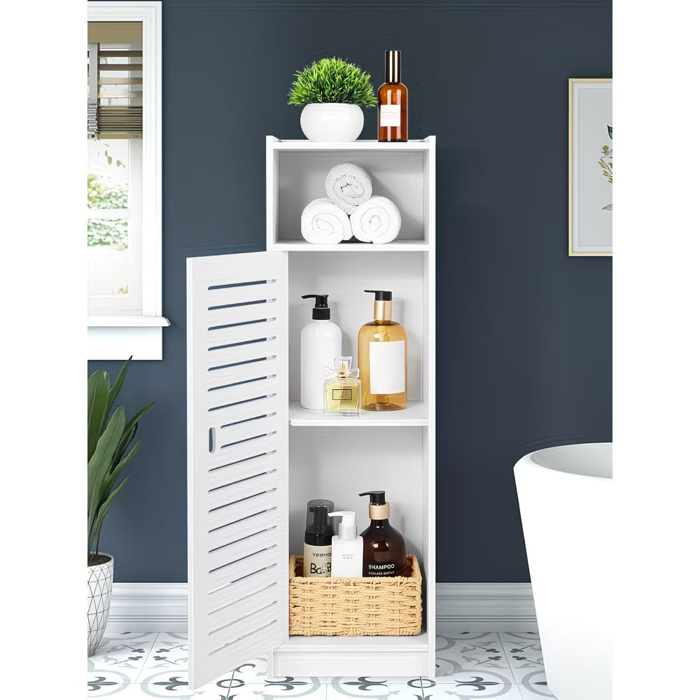 3-Tier Bathroom Storage Cabinet White – Freestanding Wood-Plastic Organizer with Slatted Doors & Open Shelf-1