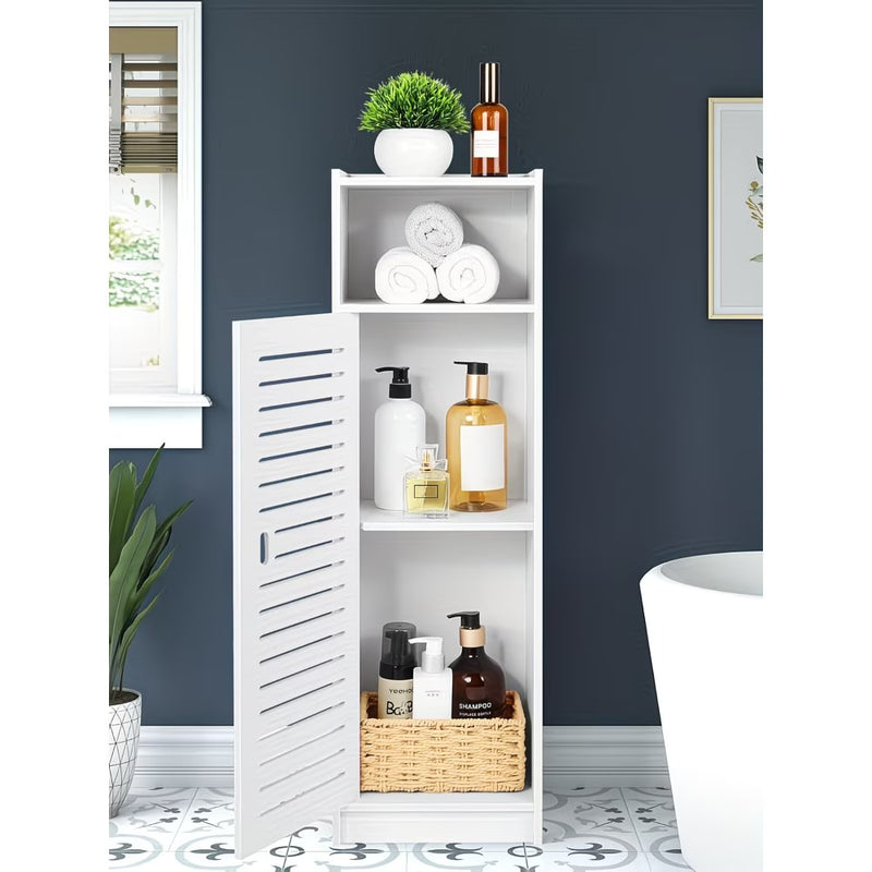 3-Tier Bathroom Storage Cabinet White – Freestanding Wood-Plastic Organizer with Slatted Doors & Open Shelf-1