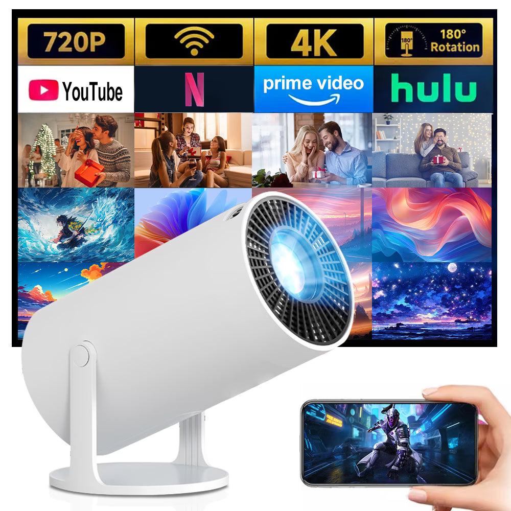 HD 720P Wireless Portable Mini Projector – 180° Rotatable Smart Projector with Android 11, Dual WiFi Home Theater for Movies, Office & Gaming