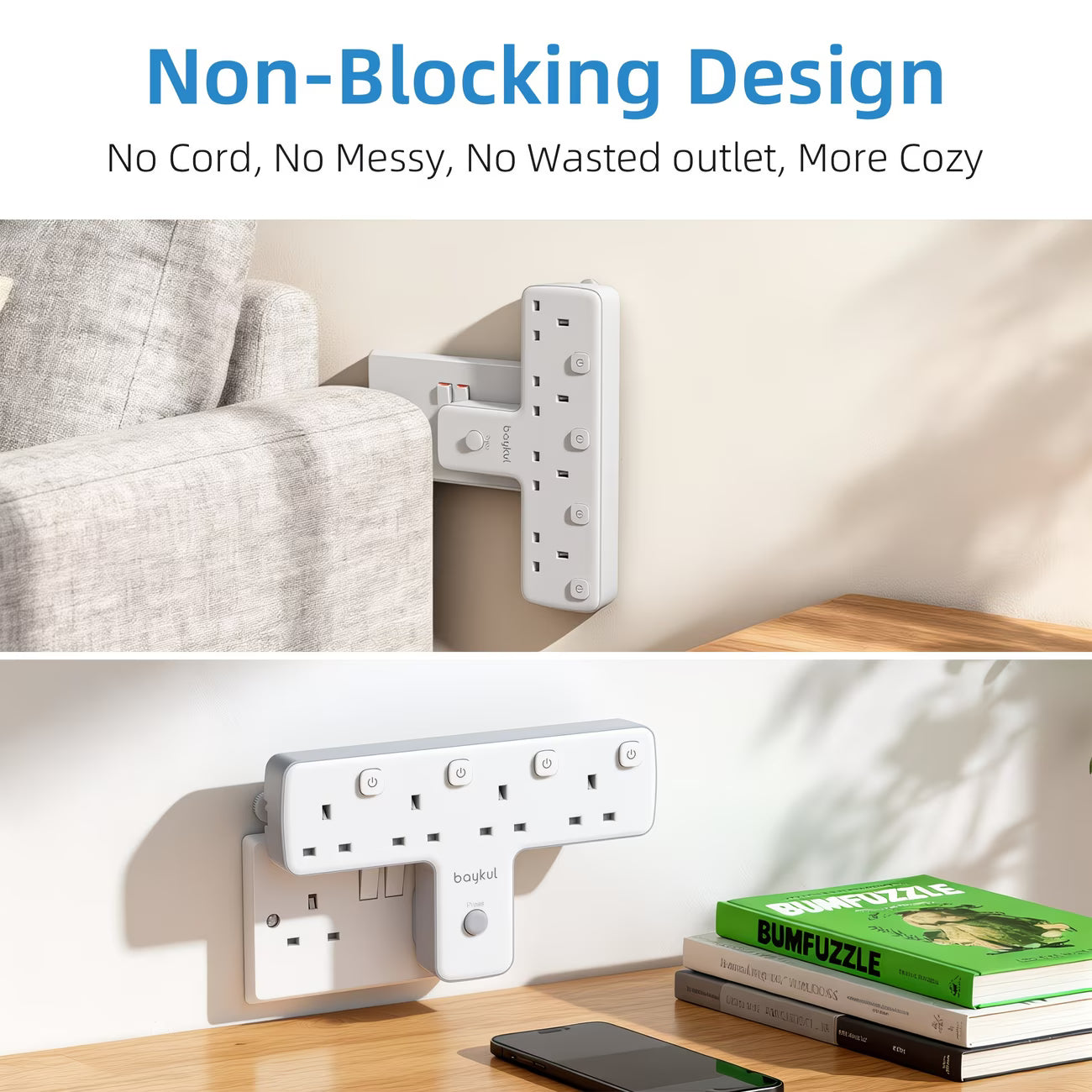 4 Way T-Shape UK Plug Adapter – 3250W Power Extension with 4 AC Outlets, LED Switches &amp; 180° Rotating Wall Socket-7
