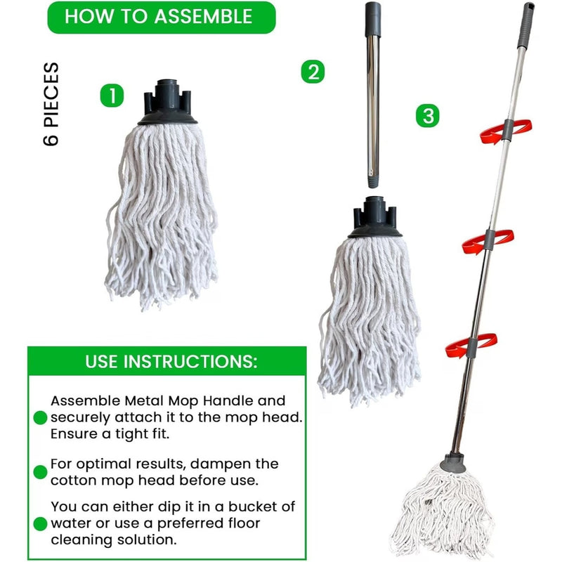 Cotton String Floor Mop with 120cm Stainless Steel Handle – Absorbent Non-Scratch Mop with 2 Replaceable Heads for Tile, Wood & Kitchen Floors-6