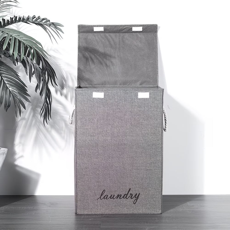 Large Fabric Laundry Basket with Lid – Grey Linen Storage Hamper with Handles-1