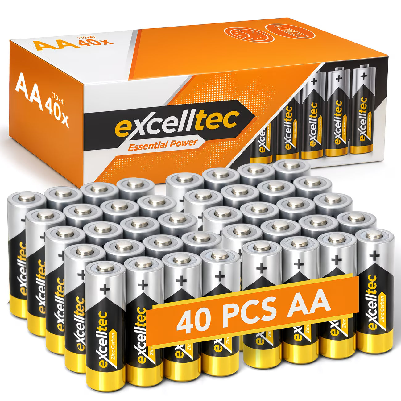 Excelltec AA Zinc Carbon Batteries 40-Pack – 1.5V Long-Lasting Disposable Household Batteries with 10-Year Shelf Life-1