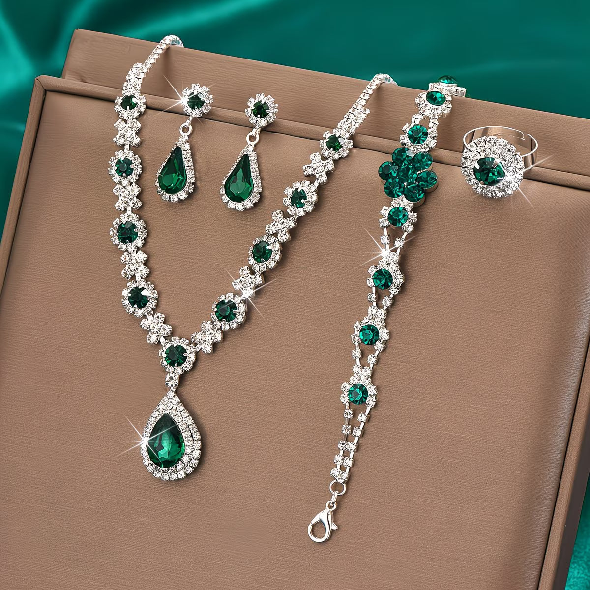 4-Piece Teardrop Jewelry Set for Women – Necklace Earrings Bracelet & Ring Wedding Gift-4