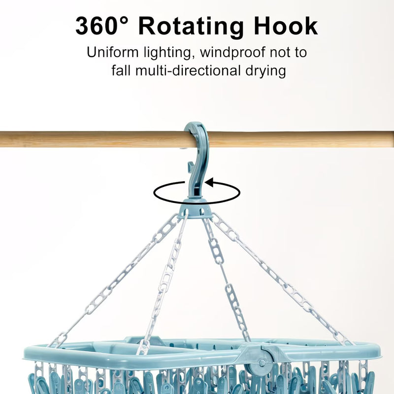 Foldable Sock Dryer Hanger with 32 Clips – 360° Rotating Laundry Drying Rack, Space-Saving Clothes Airer (Blue)-3