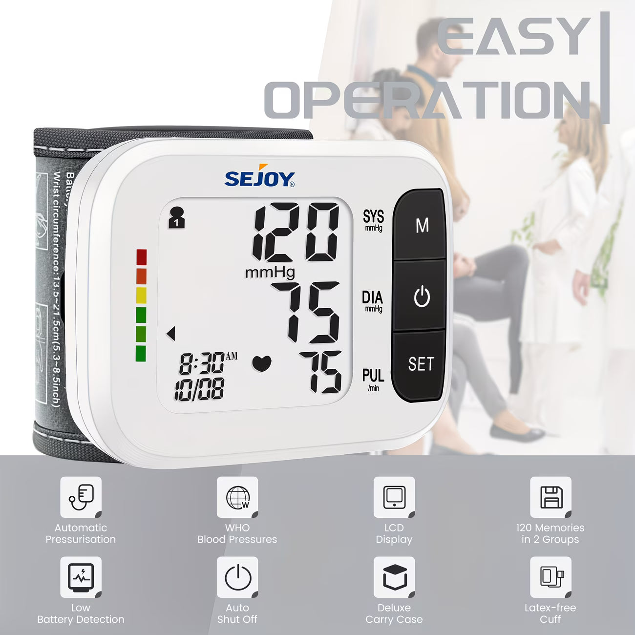 Sejoy Wrist Blood Pressure Monitor – Automatic Digital BP Machine with Large LCD, Portable Home Use-8