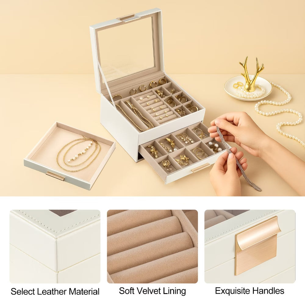 3 Layer PU Leather Jewelry Box with Glass Lid – Elegant Jewellery Organizer with Drawers for Rings, Necklaces, Earrings & Bracelets (White)-5