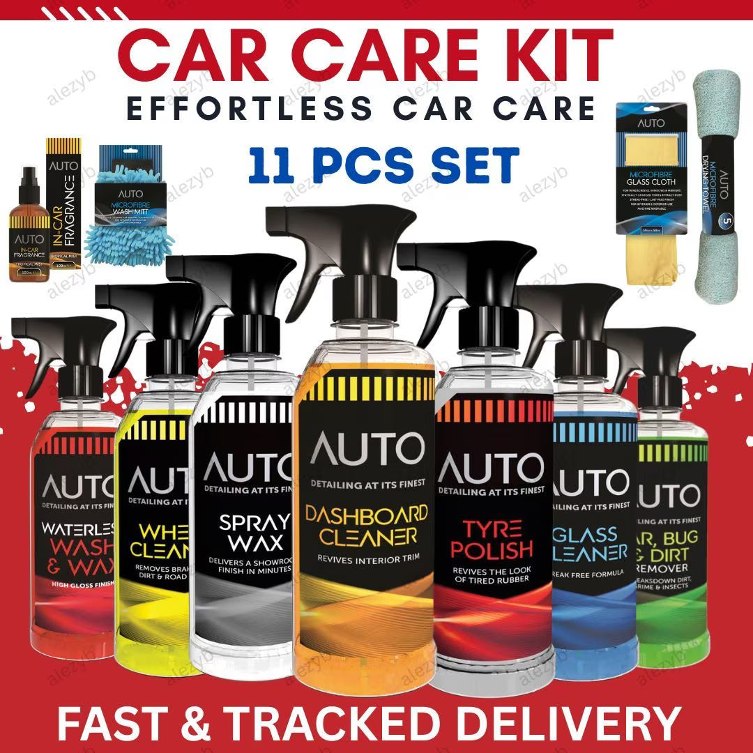 11pc Car Cleaning Kit Wash Wax Glass Tyre Wheel Dashboard Cleaner Microfibre Detailing Set