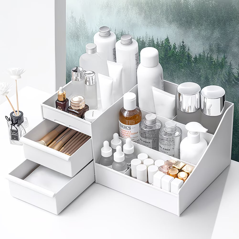 Makeup Organiser with Drawer – White Multifunctional Desk & Dresser Storage Container-3