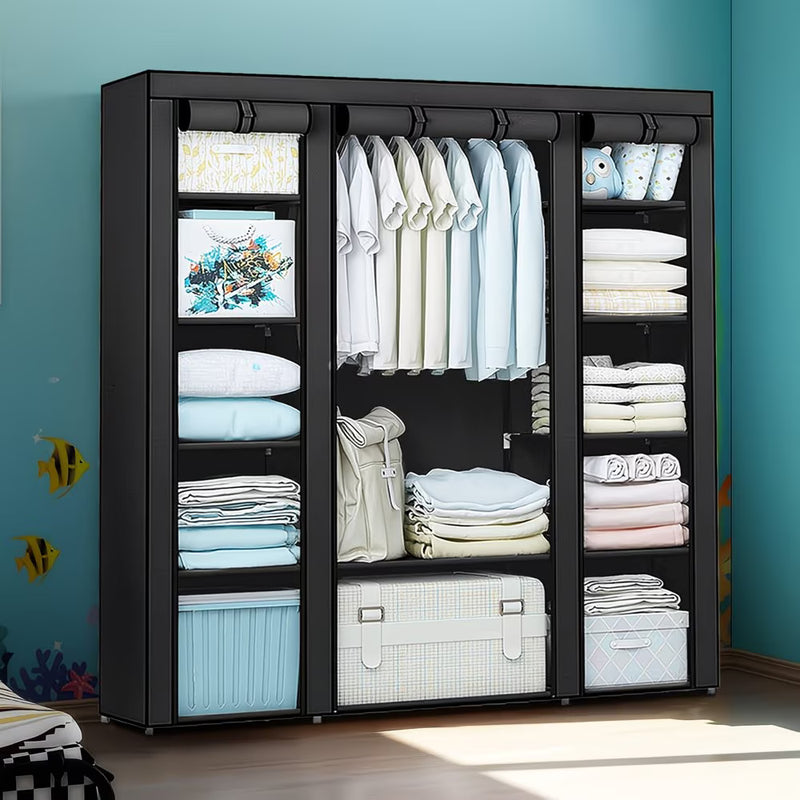 Fabric Canvas Wardrobe with Hanging Rail – Foldable Clothes Storage Cupboard for Bedroom-3