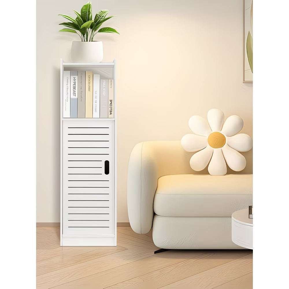 3-Tier Bathroom Storage Cabinet White – Freestanding Wood-Plastic Organizer with Slatted Doors & Open Shelf-6