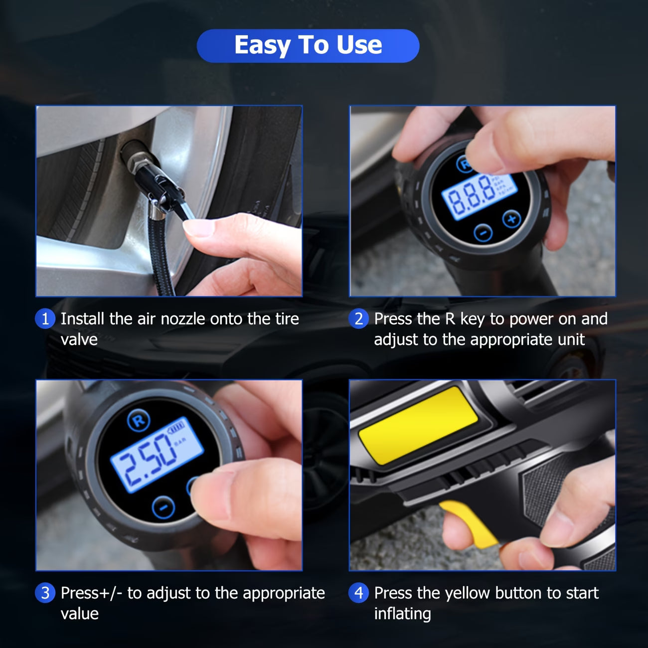 Cordless Tire Inflator Air Pump Portable Compressor with Digital Gauge LED USB-C for Car Bike-4