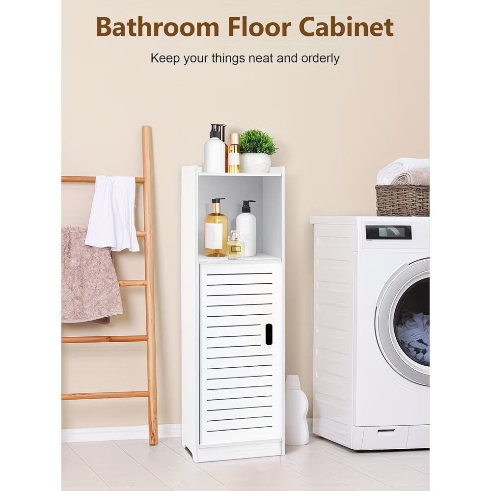 3-Tier Bathroom Storage Cabinet White – Freestanding Wood-Plastic Organizer with Slatted Doors & Open Shelf-5