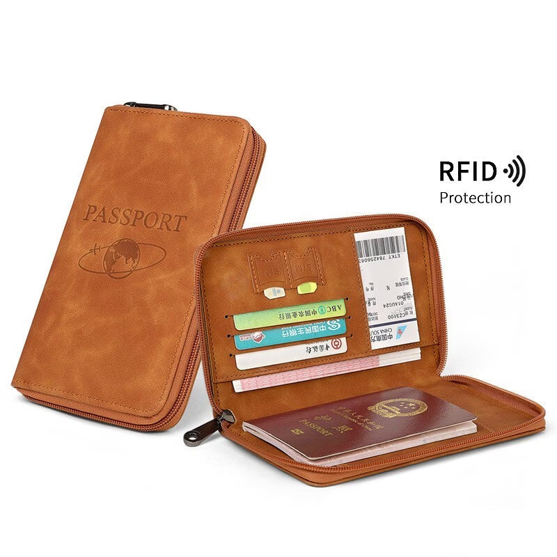 RFID Blocking Passport Holder Travel Wallet PU Leather Organizer for Cards Tickets ID-8