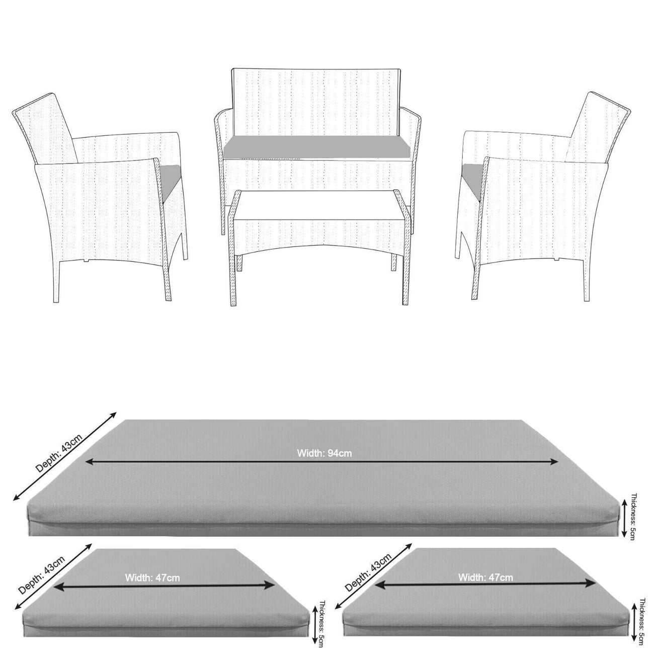 3 Piece Rattan Garden Furniture Cushion Set Waterproof Seat Pads for Patio Sofa & Chairs Outdoor-3