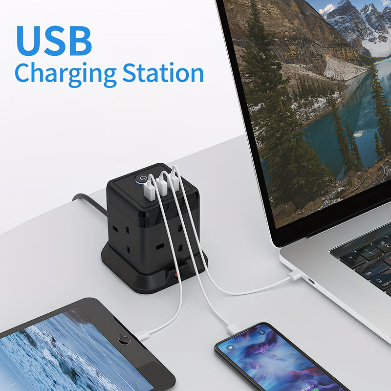 Cube Extension Lead 4-Gang with 3 USB Ports – 13A 3250W Power Strip with Switch, 1.5m Cable (Black)-6