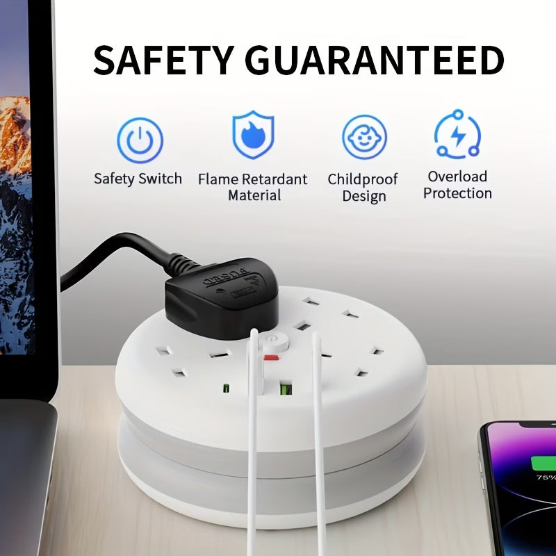 8 in 1 Power Strip Surge Protector 4 Sockets 4 USB Ports 2m Retractable Cord 13A 3250W Extension Lead-5