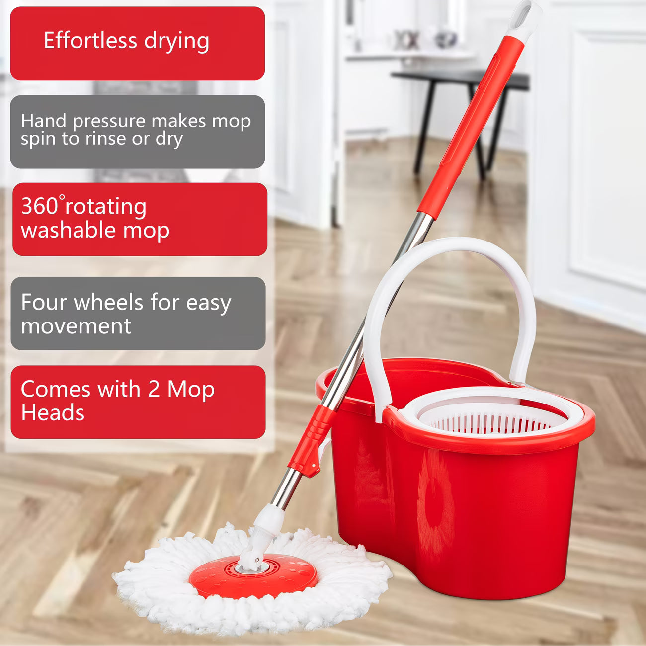 360° Spin Mop & Bucket Set with Wringer – Easy Wring Floor Cleaning System, Reusable Microfiber Mop Heads for Home, Bathroom & Kitchen-5