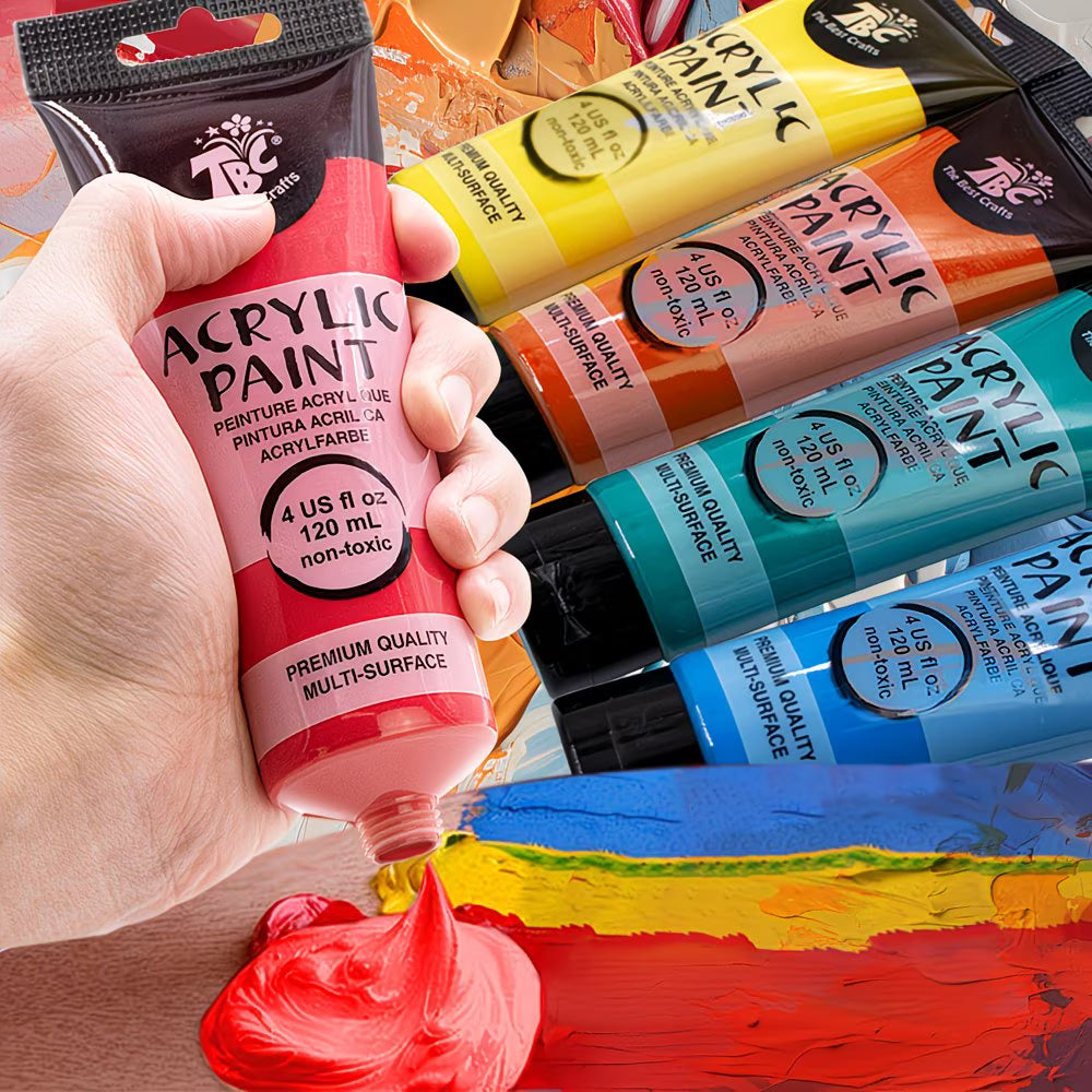 Acrylic Paint Set 12 x 120ml Tubes with 3 Brushes – Vibrant Multi-Surface Paints for Canvas, Wood, Glass & Crafts