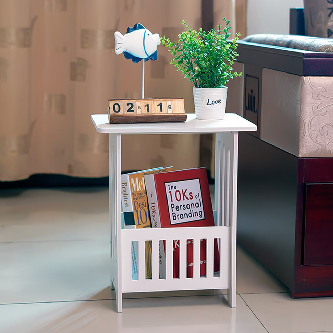 Small White Side Table with Storage Shelf – Modern End Table for Bedroom & Living Room-5