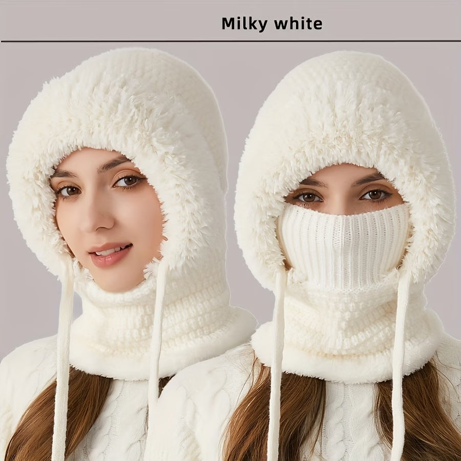 Women 3-in-1 Winter Plush Hat with Face Mask & Neck Warmer Warm Stretch Beanie-1