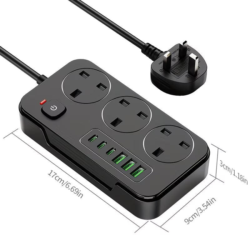 3-Outlet UK Power Strip with 3 USB-A & 3 USB-C Ports – 1.8m Extension Cord, 220-240V-3