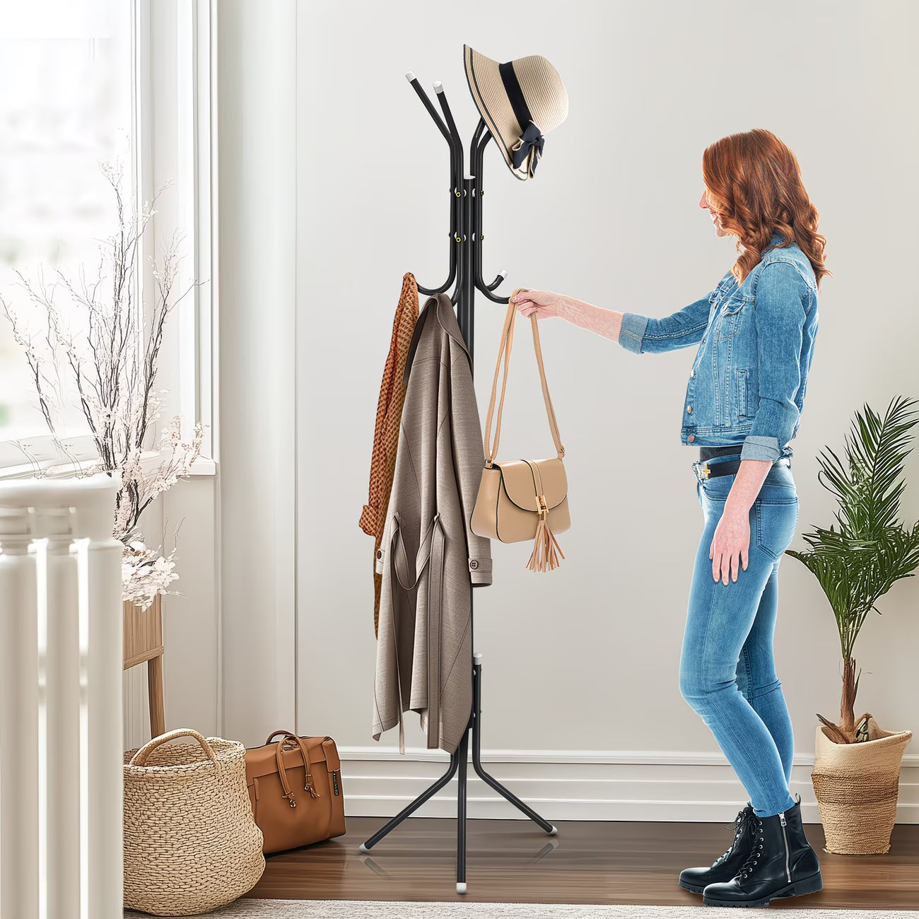 3-Tier Metal Coat Rack Stand 175cm Tall with 12 Hooks – Space-Saving Coat & Hat Tree for Hallway, Bedroom & Living Room
