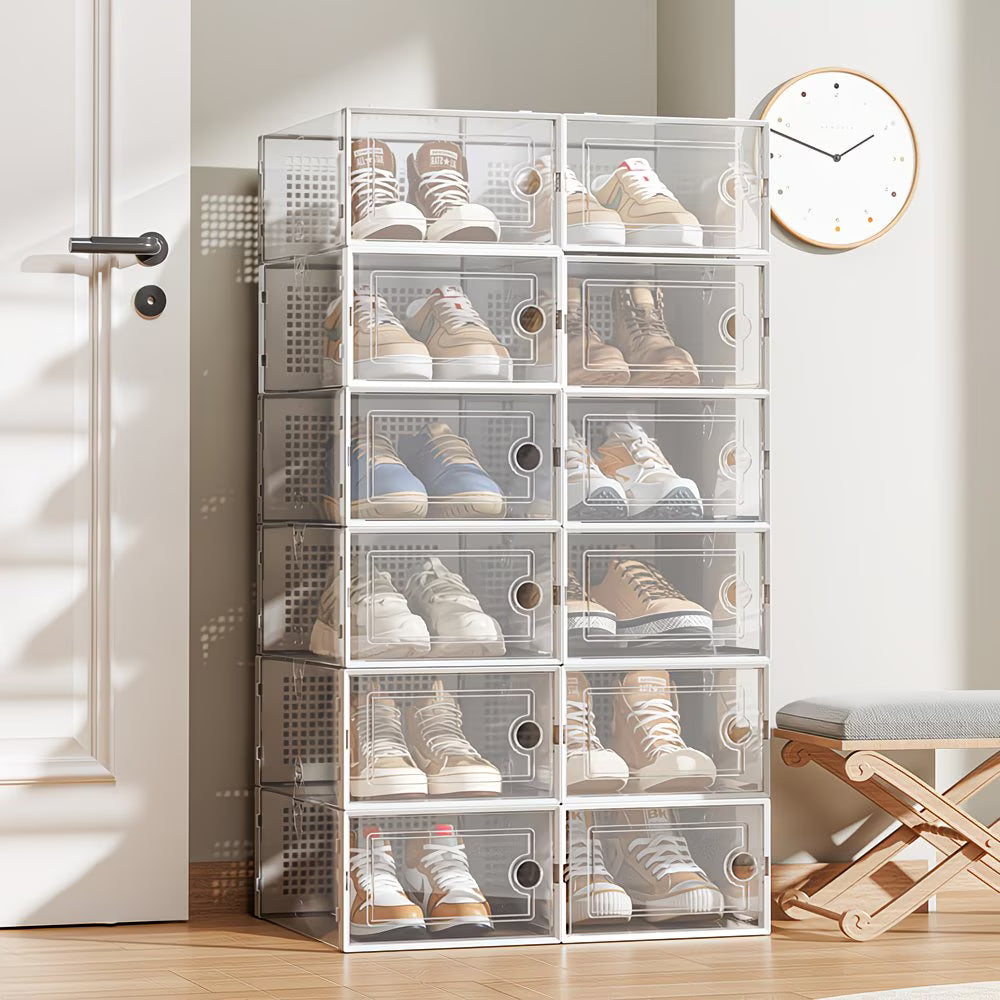 Pack of 12 Stackable Shoe Storage Boxes with Clear Front Door – Space Saving Organisers UK 9.5-8