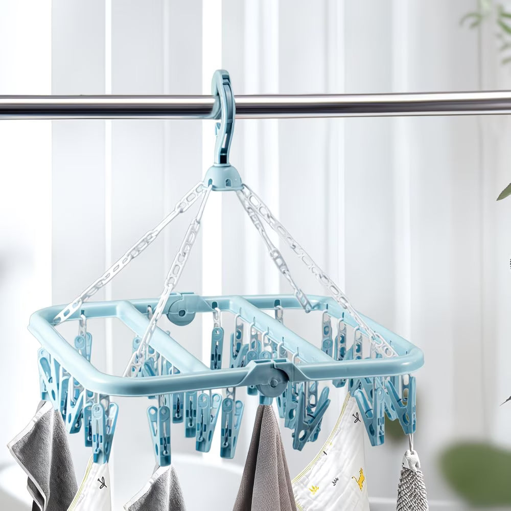 Foldable Sock Dryer Hanger with 32 Clips – 360° Rotating Laundry Drying Rack, Space-Saving Clothes Airer (Blue)-6