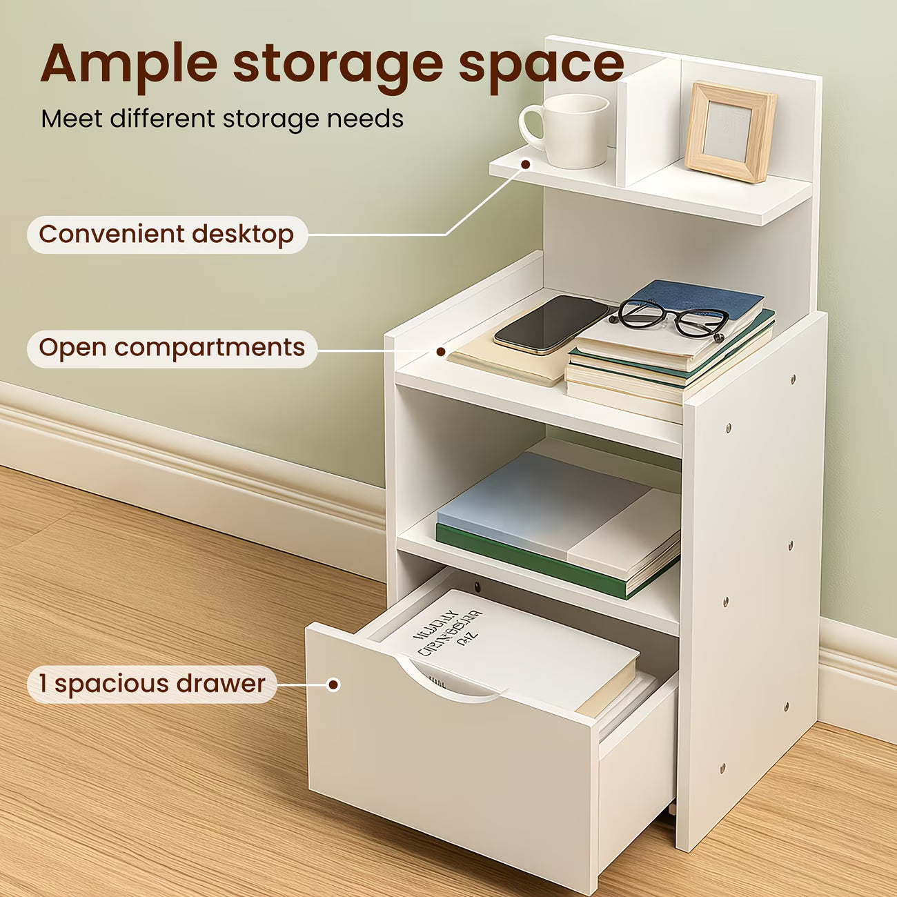 Modern White Wooden Bedside Table with Drawer – Compact Nightstand Storage Cabinet for Bedroom, Bathroom & Living Room-6