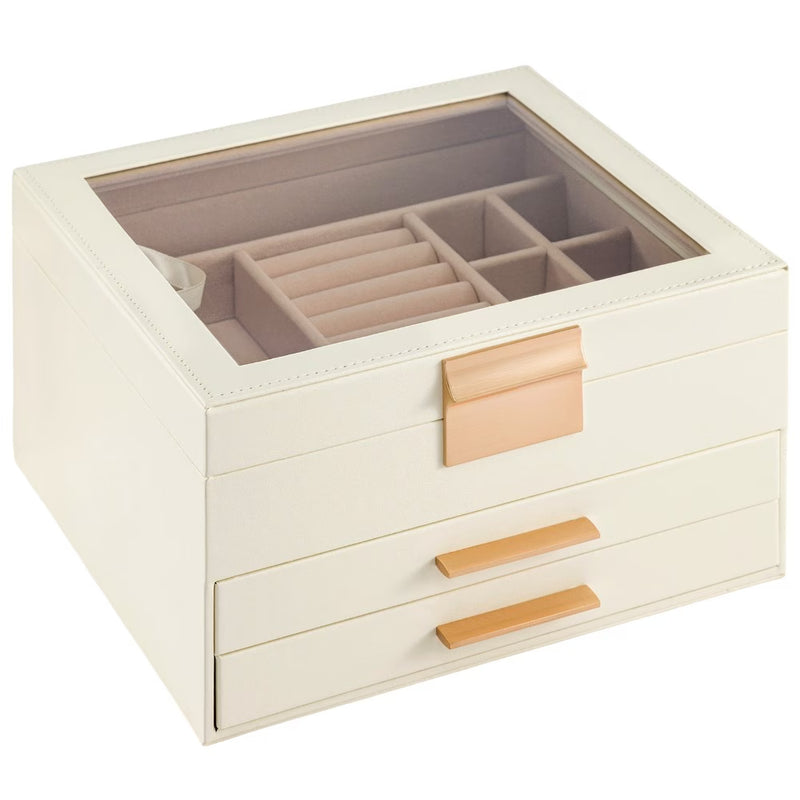 3 Layer PU Leather Jewelry Box with Glass Lid – Elegant Jewellery Organizer with Drawers for Rings, Necklaces, Earrings & Bracelets (White)-2