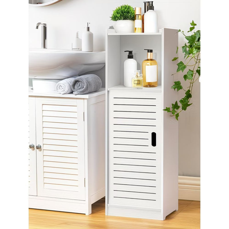 3-Tier Bathroom Storage Cabinet White – Freestanding Wood-Plastic Organizer with Slatted Doors & Open Shelf-3