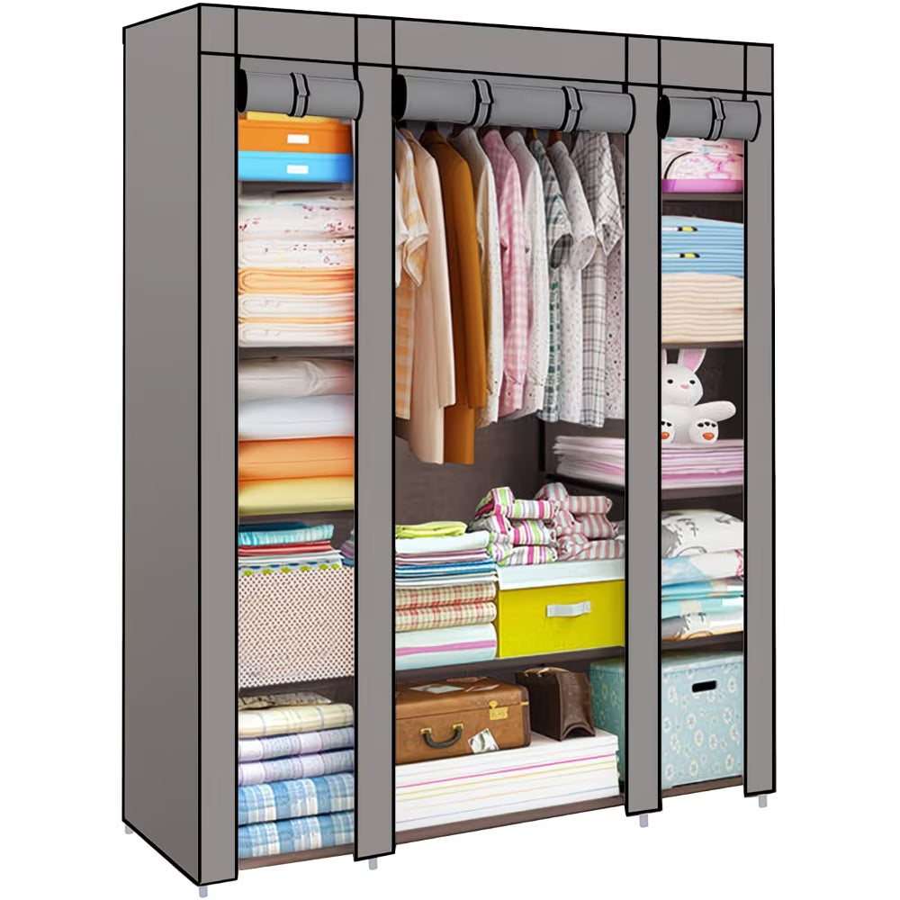 Fabric Canvas Wardrobe with Hanging Rail – Foldable Clothes Storage Cupboard for Bedroom-7