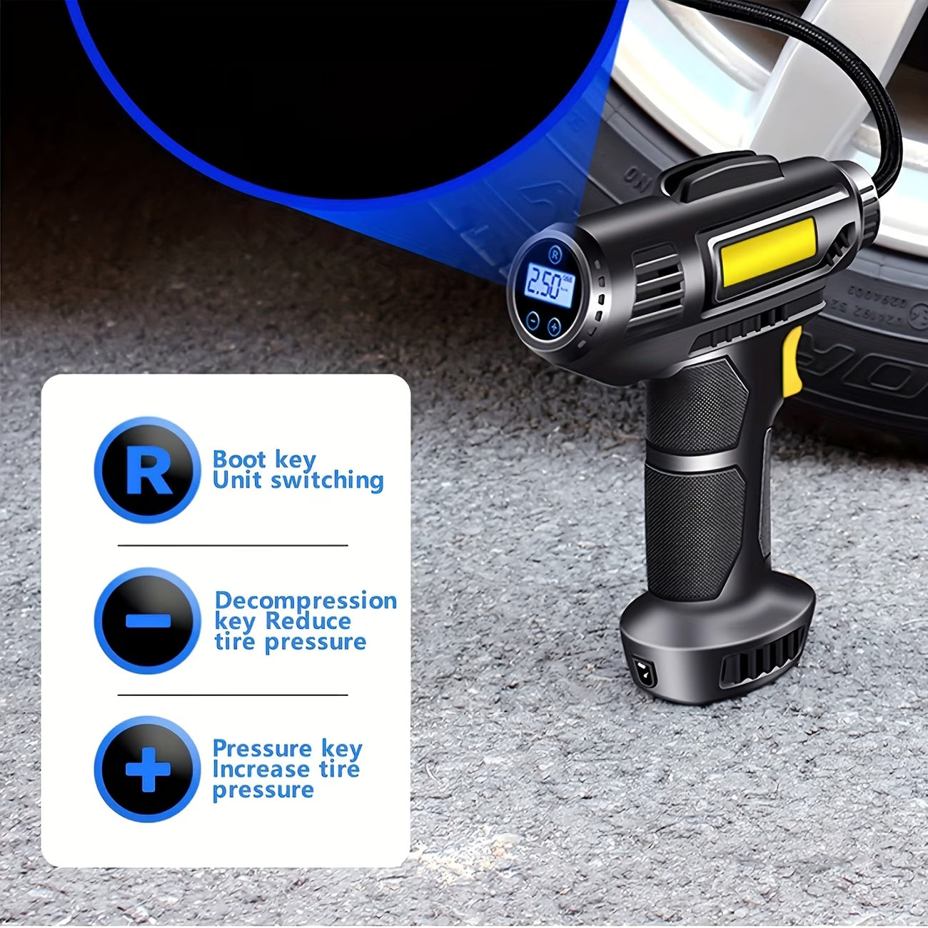 Cordless Tire Inflator Air Pump Portable Compressor with Digital Gauge LED USB-C for Car Bike-7