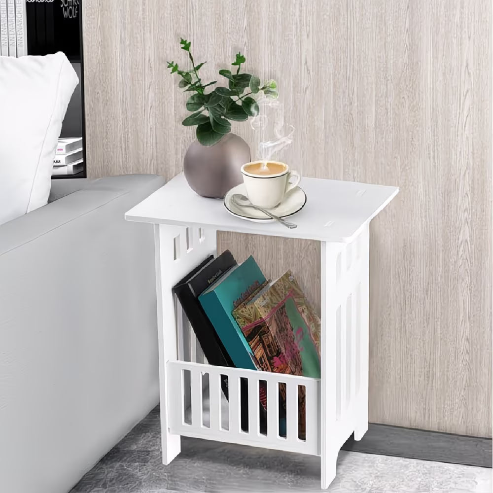 Small White Side Table with Storage Shelf – Modern End Table for Bedroom & Living Room-6