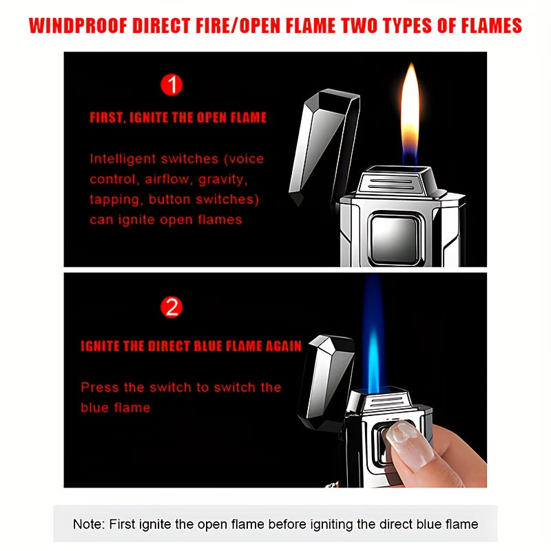 Smart Dual Flame Butane Lighter – Voice & Gravity Ignition, Windproof Torch Lighter with Battery Indicator & LED Lights (No Gas Included)-6