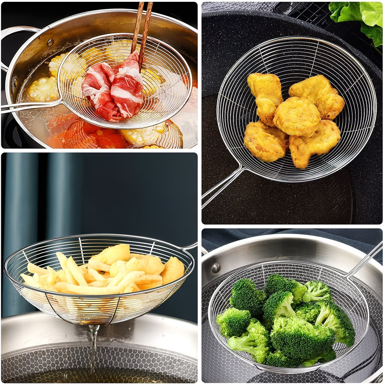 3pcs Stainless Steel Spider Strainer Set (15cm/17cm/19cm) Long Handle Skimmers for Frying & Pasta-6