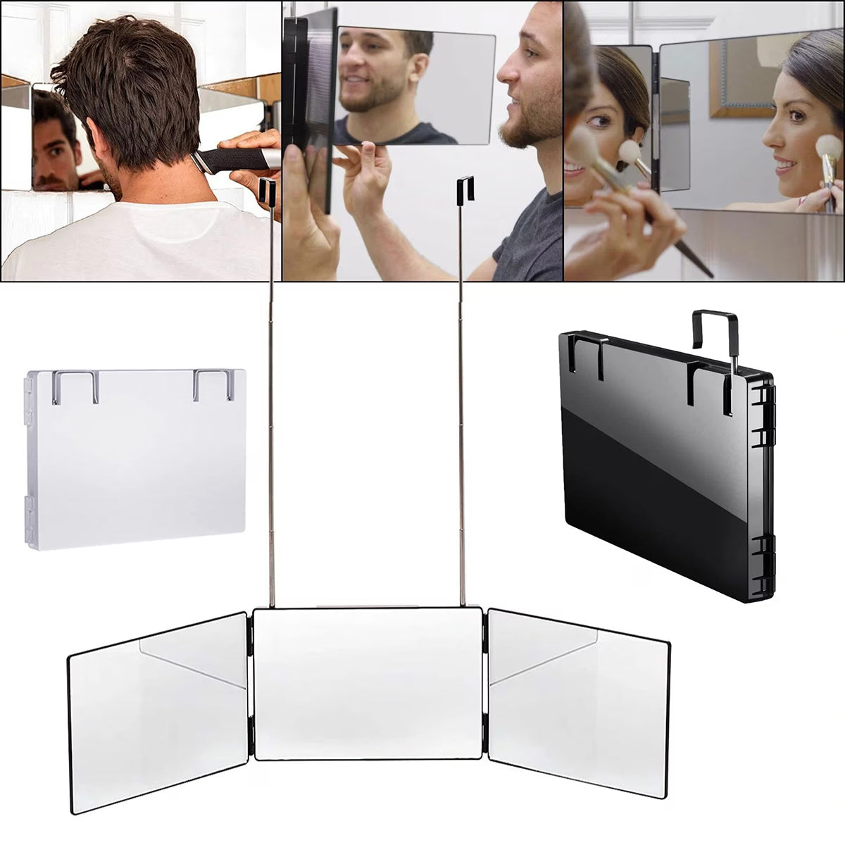3 Way Rotating Folding Mirror for Self Haircut – Adjustable Trifold Vanity Mirror with Hooks (Black/White)