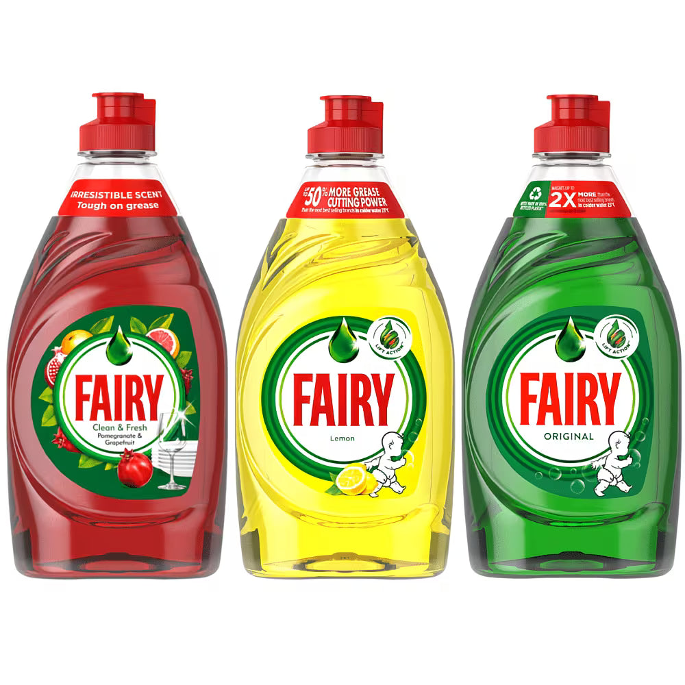 Fairy Washing Up Liquid Mixed Pack 320ml – Lemon, Original, Pomegranate & Grapefruit – Pack of 3 or 9