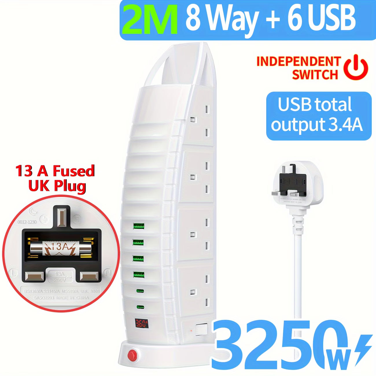 Tower Extension Lead 8 Way Sockets with 6 USB Ports 3.6A Vertical Power Strip 5m 3m 2m Cable TB01-7