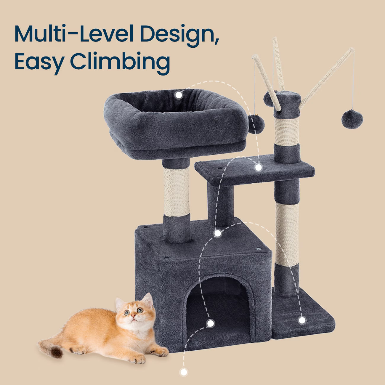 Cat Tree, Small Cat Tree, Scratching Post, with Cave and Platform-5