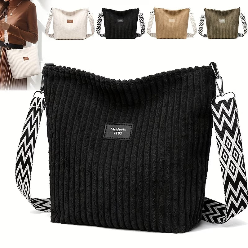 Women’s Corduroy Shoulder Bag – Boho Wide Strap Crossbody Tote for Travel & Daily Use-5
