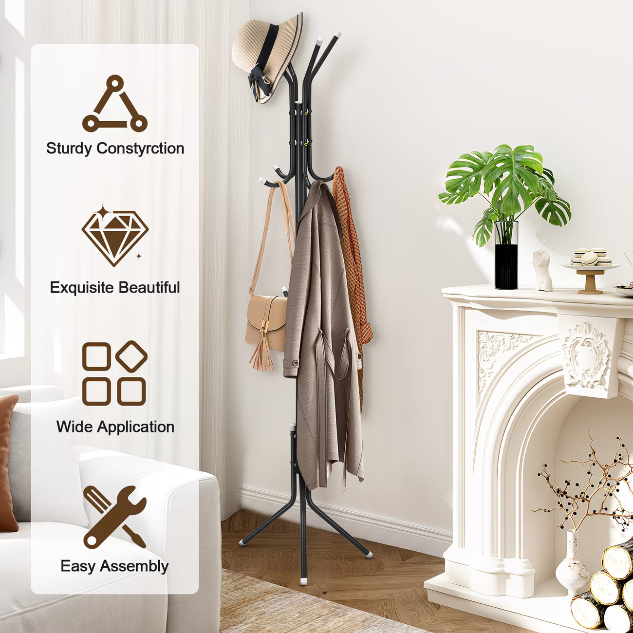 3-Tier Metal Coat Rack Stand 175cm Tall with 12 Hooks – Space-Saving Coat & Hat Tree for Hallway, Bedroom & Living Room-5