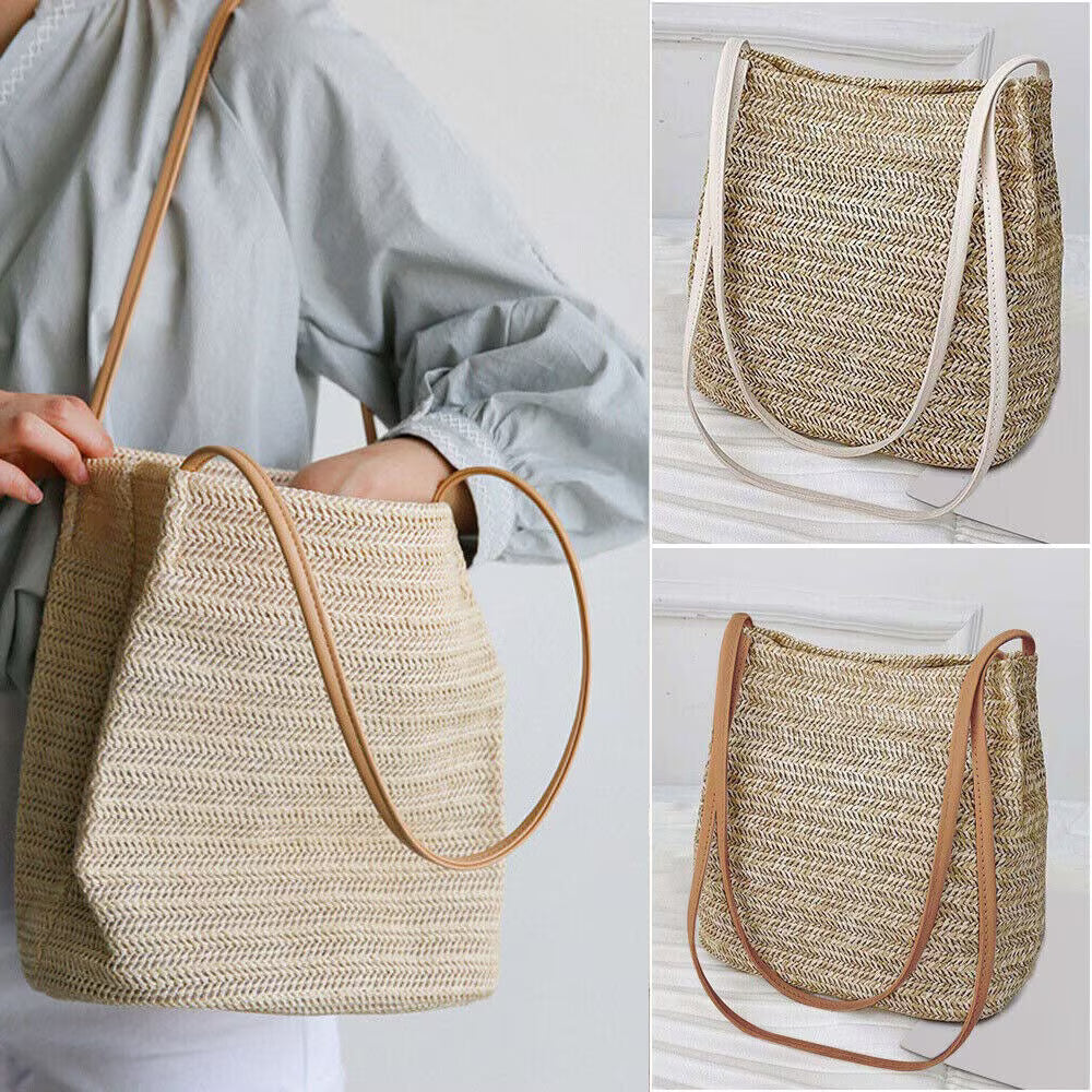 Women’s Summer Straw Rattan Bag – Wicker Crossbody Tote Beach Shoulder Handbag (26x26cm)