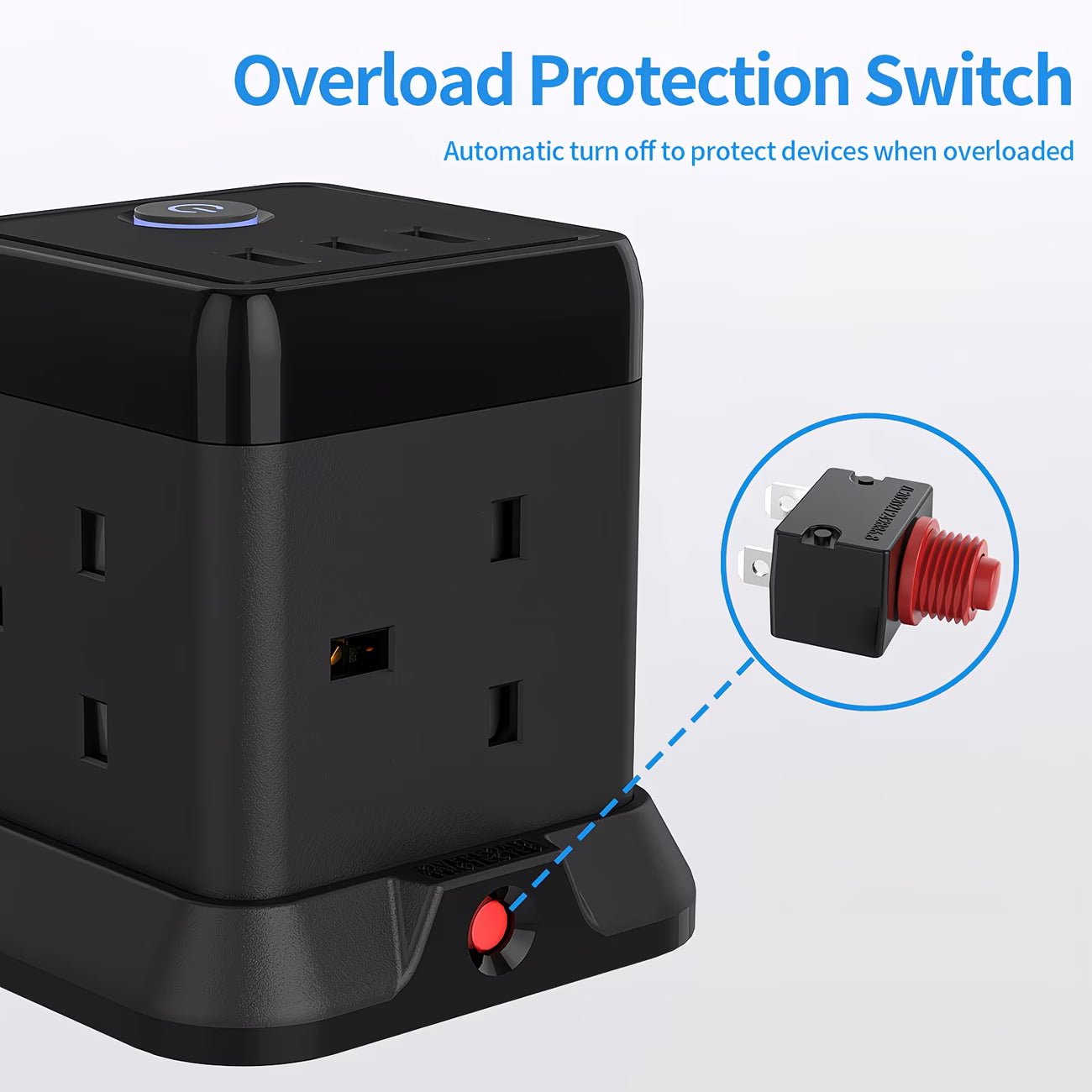 Cube Extension Lead 4-Gang with 3 USB Ports – 13A 3250W Power Strip with Switch, 1.5m Cable (Black)-3