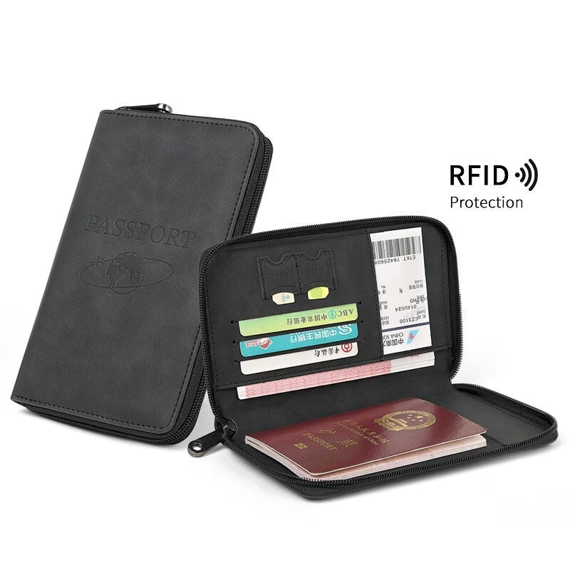 RFID Blocking Passport Holder Travel Wallet PU Leather Organizer for Cards Tickets ID-10