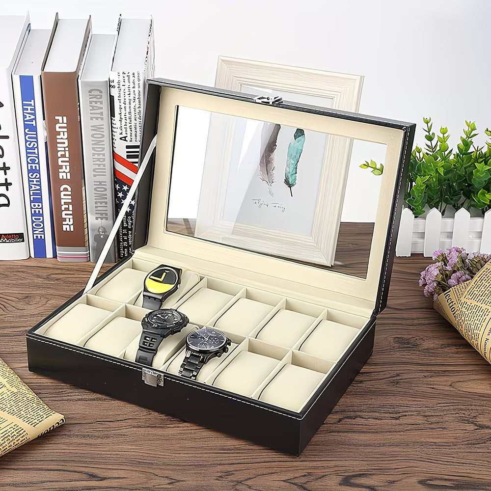 12 Slot Watch Storage Box – Black Faux Leather Display Case with Glass Lid & Removable Cushions-1