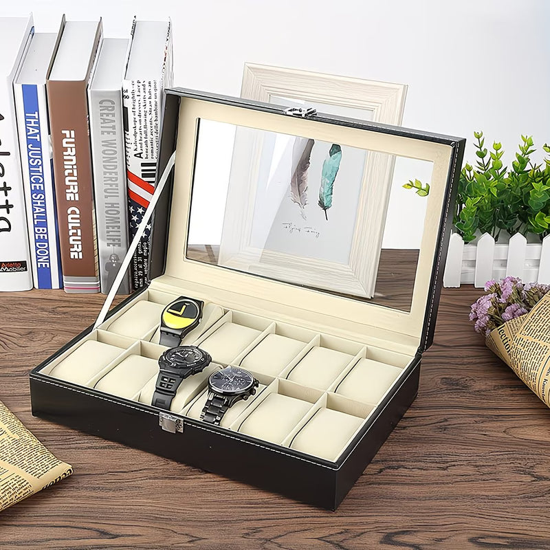 12 Slot Watch Storage Box – Black Faux Leather Display Case with Glass Lid & Removable Cushions-1