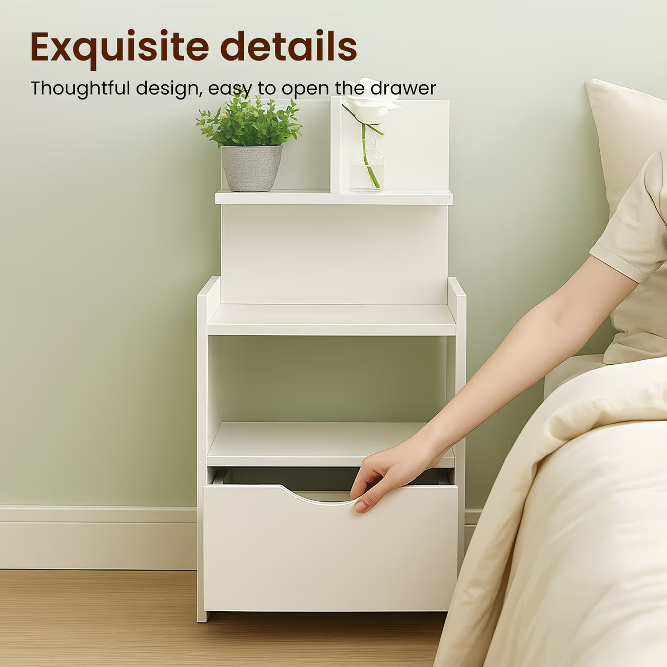 Modern White Wooden Bedside Table with Drawer – Compact Nightstand Storage Cabinet for Bedroom, Bathroom & Living Room-7